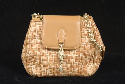 Appraisal: Kieselstein-Cord woven leather handbag Tan woven leather with tan over-flap