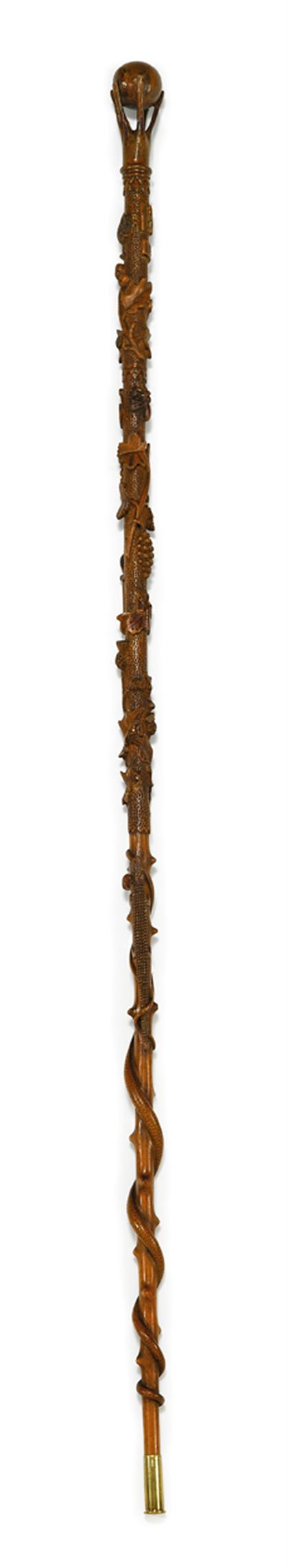 Appraisal: Scottish or Irish carved wood folk art cane dated Possibly