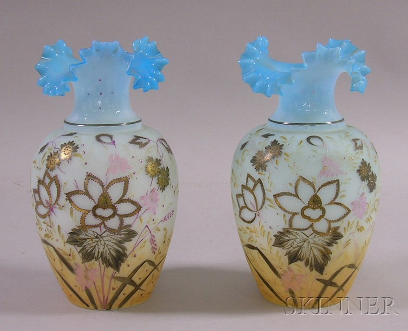 Appraisal: Pair of Late Victorian Enamel Floral Decorated Light Blue Bristol