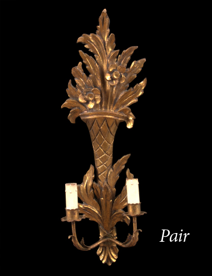 Appraisal: Pair of Italian Carved Giltwood and Gilded Wrought-Iron Two-Light Appliques