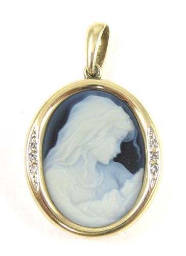 Appraisal: CAMEO AND FOURTEEN KARAT GOLD PENDANT with three round-cut diamonds