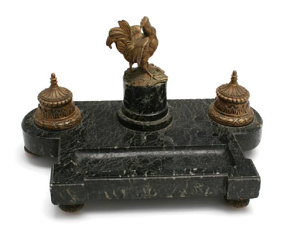 Appraisal: A French bronze and marble inkwell height in width in