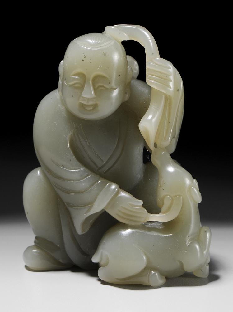 Appraisal: Celadon Jade Figure Chinese Qing dynasty black inclusions lohan holding