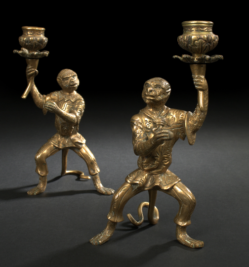 Appraisal: Weighty Pair of Anglo-Indian Singerie Candlesticks the exotically garbed monkeys