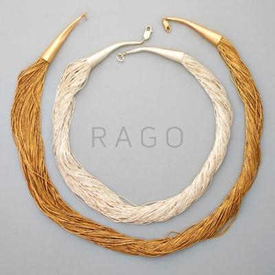 Appraisal: LIQUID SILVER AND LIQUID GOLD FILLED NECKLACES Two multi-strand concentric