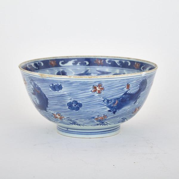 Appraisal: Blue White and Copper Red Sea Creatures Bowl Kangxi Mark