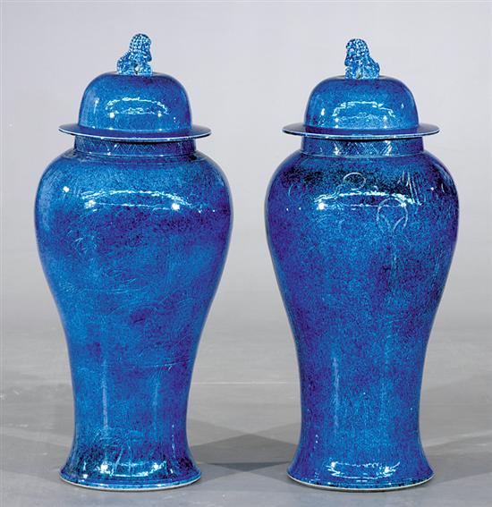 Appraisal: Monumental Chinese Export style blue covered jars H Dia Good