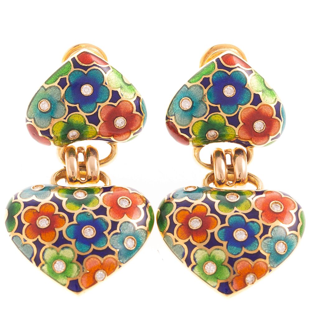 Appraisal: A Pair of Enamel Diamond Earrings in K K yellow