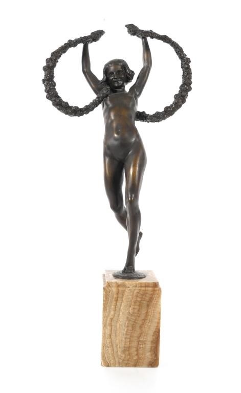 Appraisal: Standing female bronze nude sculpture with arms outstretched and holding