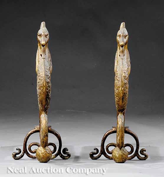 Appraisal: A Pair of Arts and Crafts Figural Brass Andirons early