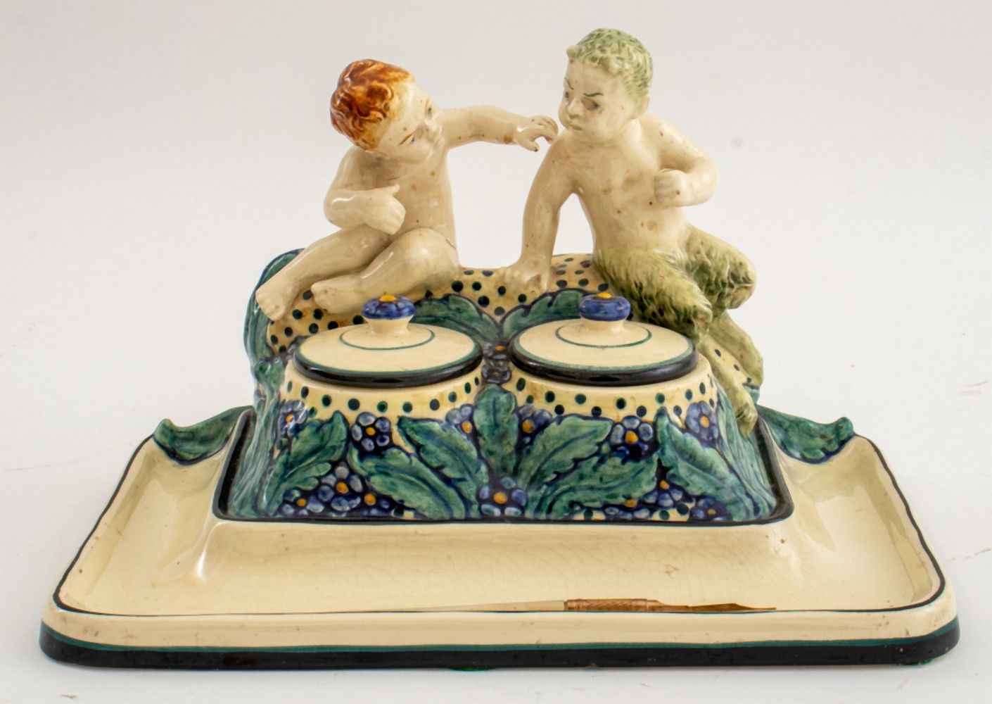 Appraisal: WILHELM SUS KARLSRUHER JUGENDSTIL MAJOLICA INKWELL Wilhelm Sus German -