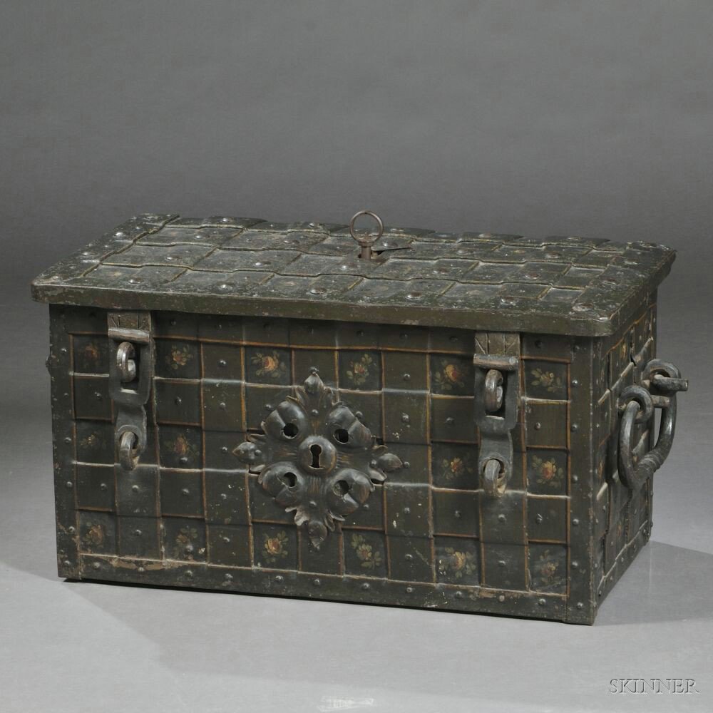 Appraisal: German Polychrome-painted Steel and Iron Strongbox th century hinged rectangular