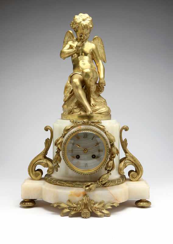 Appraisal: A French gilt bronze and alabaster mantle clock First quarter