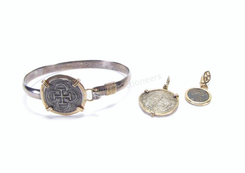 Appraisal: Atocha Coin jewelry including sterling and K bangle bracelet dwt