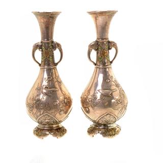 Appraisal: A Pair of Japanese Miniature Silver Vases Meiji Period cm