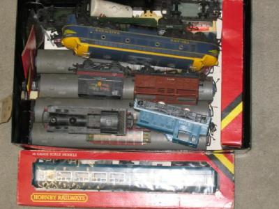 Appraisal: Playworn trains by Triang and others including blue diesel locomotive