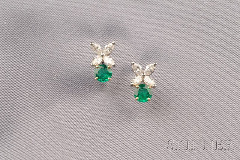 Appraisal: Emerald and Diamond Victoria Earstuds set with a circular-cut emerald