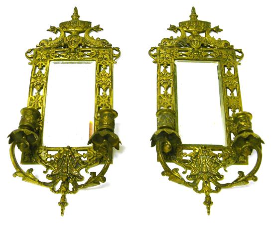 Appraisal: Pair of late th C brass mirrored wall sconces some