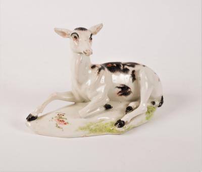 Appraisal: A Derby figure of a recumbent doe circa enamelled with