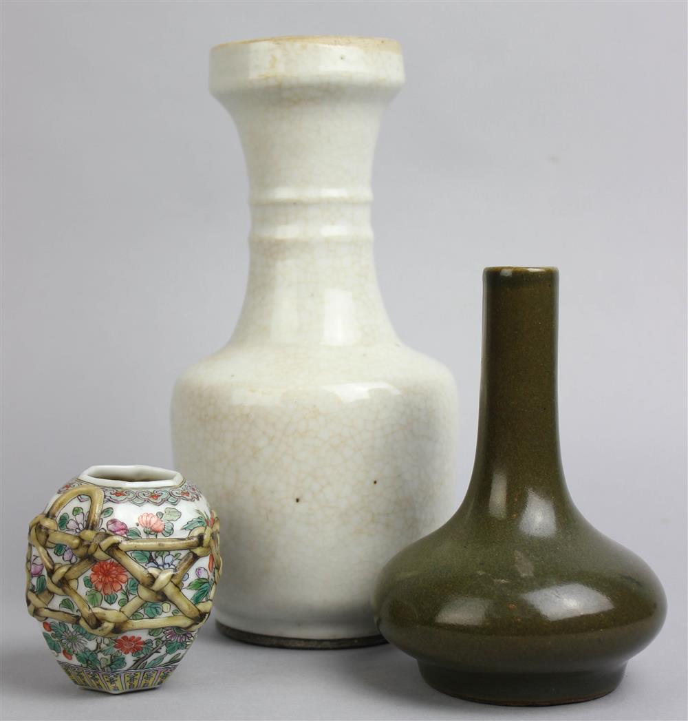 Appraisal: THREE CHINESE VASES a small molded hexagonal vase a small