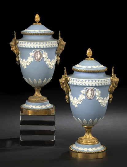 Appraisal: Good Pair of Wedgwood Gilt-Lacquered Brass-Mounted Bicolor Jasper Covered Garniture