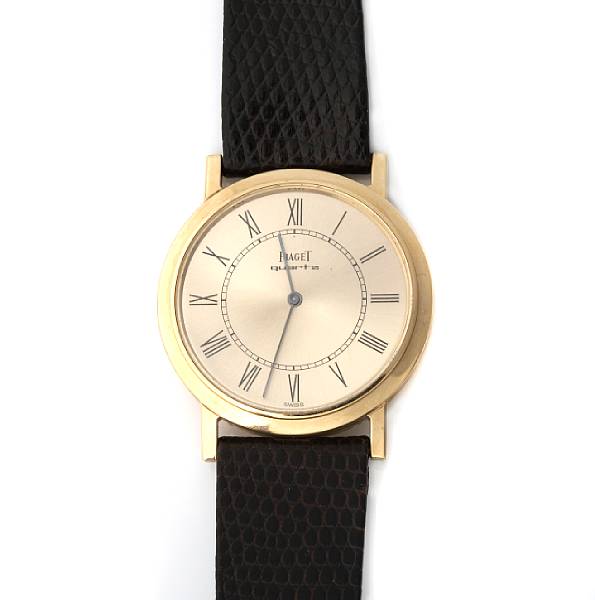 Appraisal: A k gold quartz leather strap wristwatch Piaget Quartz movement