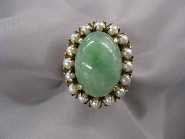 Appraisal: Jade Pearl Ring oval cabachon surrounded by pearls in k