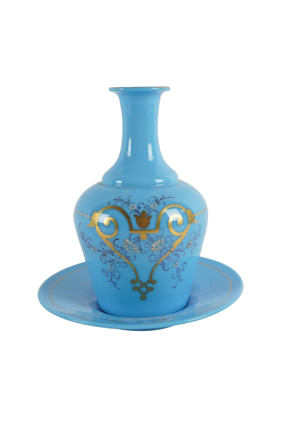 Appraisal: BLUE OPALINE GLASS VASE PLATEeach with red painted B to