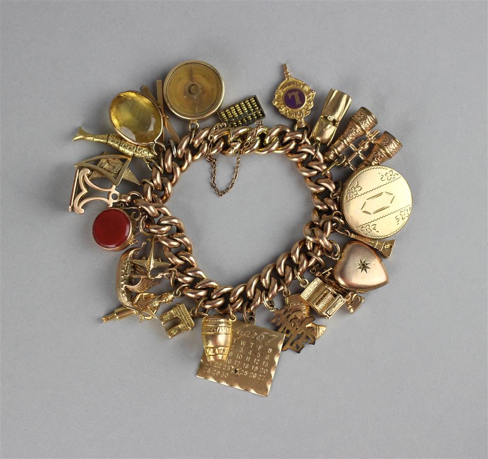 Appraisal: LADY'S VINTAGE GOLD CHARM BRACELET the curb link bracelet marked