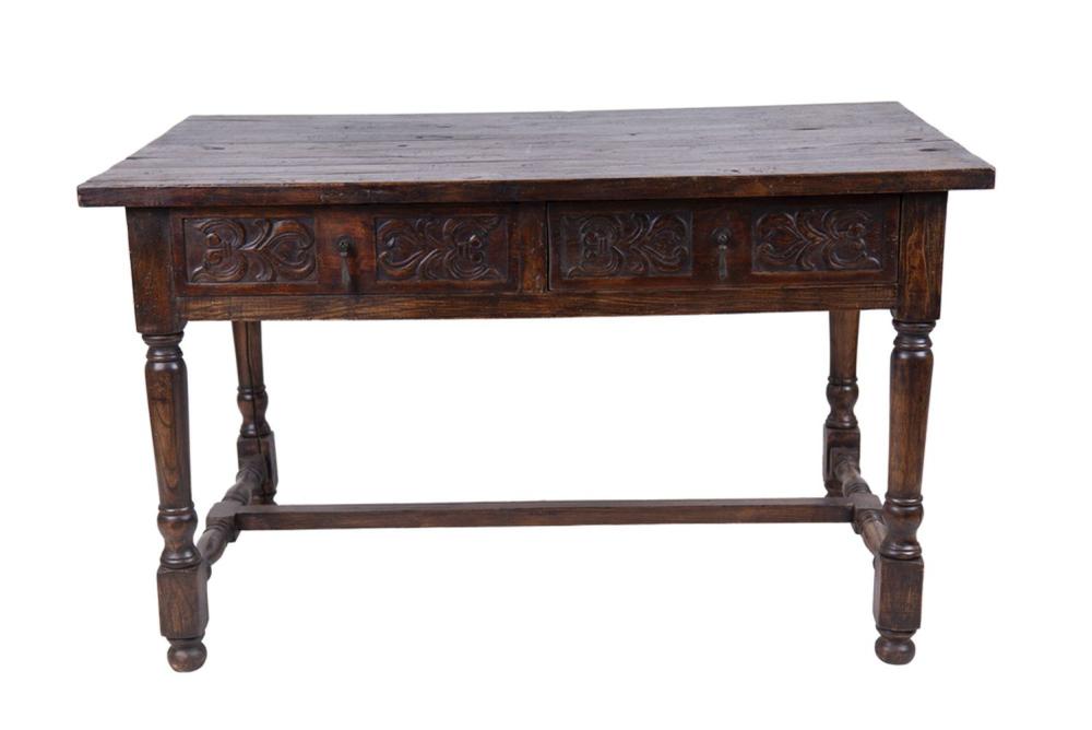 Appraisal: SPANISH RENAISSANCE STYLE WALNUT TABLEwith frieze two drawers inches wide