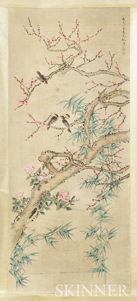 Appraisal: Hanging Scroll Depicting Birds China perched on branches in the