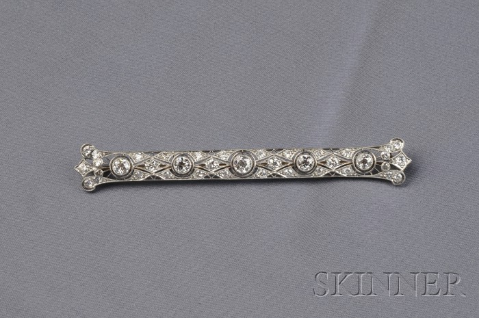 Appraisal: Art Deco Platinum and Diamond Bar Pin bead and bezel-set