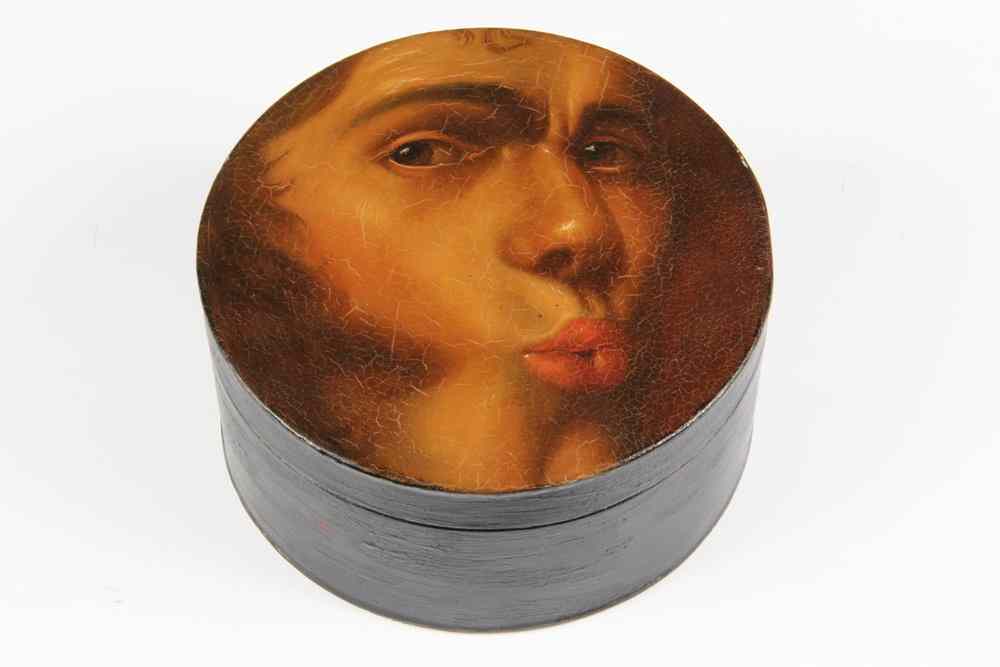 Appraisal: ROUND TIN BOX- bearing a painted portrait of a young