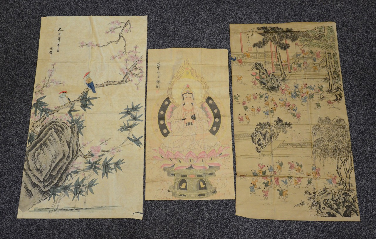 Appraisal: Chinese Painted Paper Unmounted Scrolls depicting Guanyin on Lotus Throne