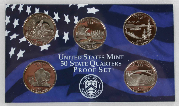 Appraisal: Five State Quarter Proof Sets With Boxes Papers