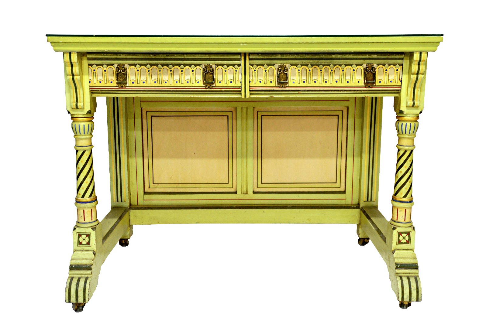 Appraisal: A green painted Gothic Revival side table with pair of