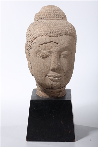 Appraisal: Antique Khmer sandstone carved head of Buddha wood stand x