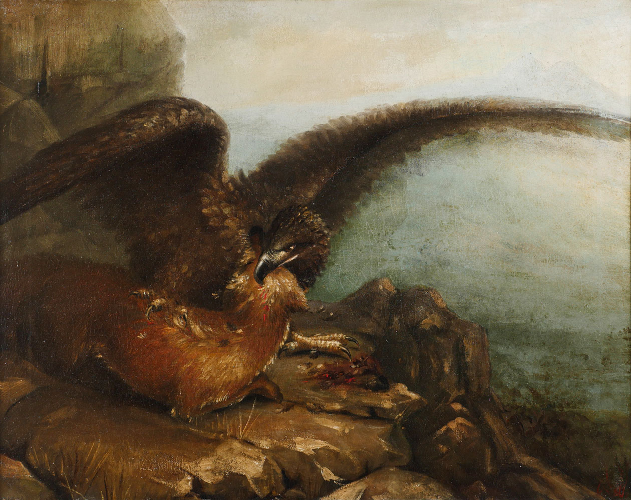 Appraisal: FINE DRAMATIC PAINTING OF AN EAGLE WITH PREY FOX Oil