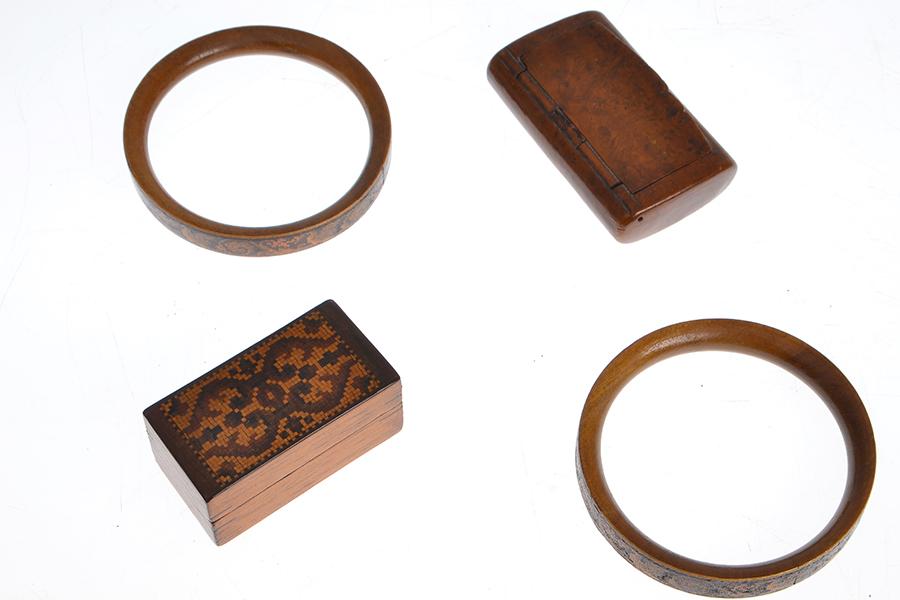 Appraisal: A GROUP OF ANTIQUE WOODEN ITEMS including yew wood snuff