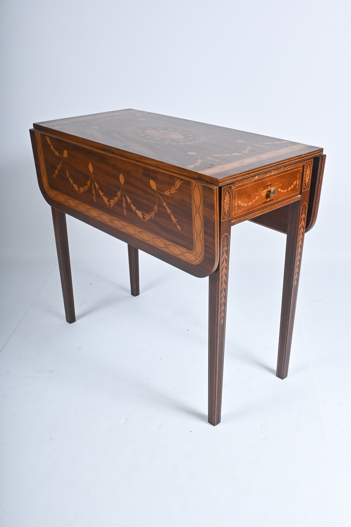 Appraisal: ITALIAN MARQUETRY INLAID DROP LEAF TABLE Marquetry inlaid single drawer