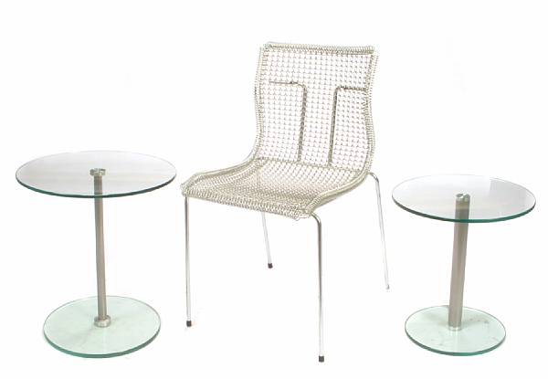 Appraisal: Two circular glass occassional tables and a wire mesh side