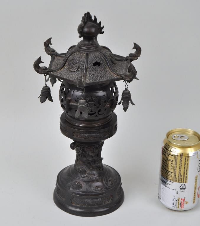 Appraisal: Signed Japanese Pagoda Censer Lantern with dragon and fish design