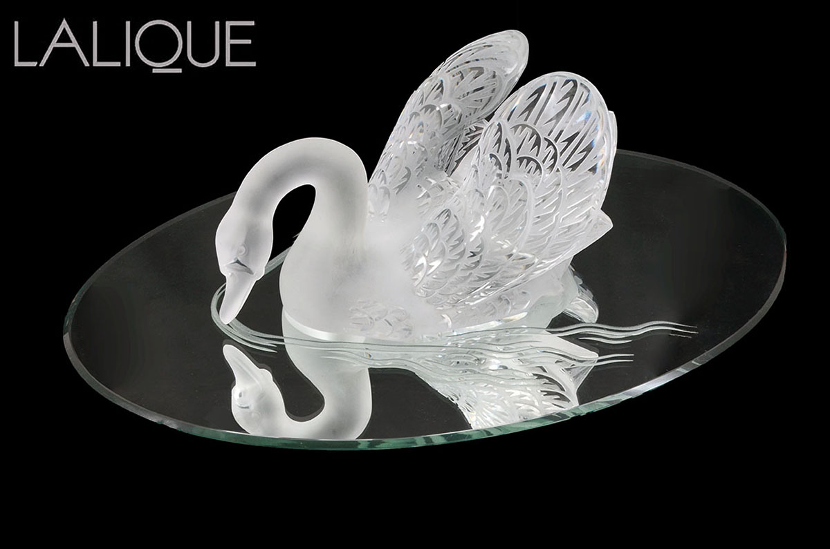 Appraisal: LALIQUE CRYSTAL CYGNE SWAN ON MIRROR Large frosted and molded