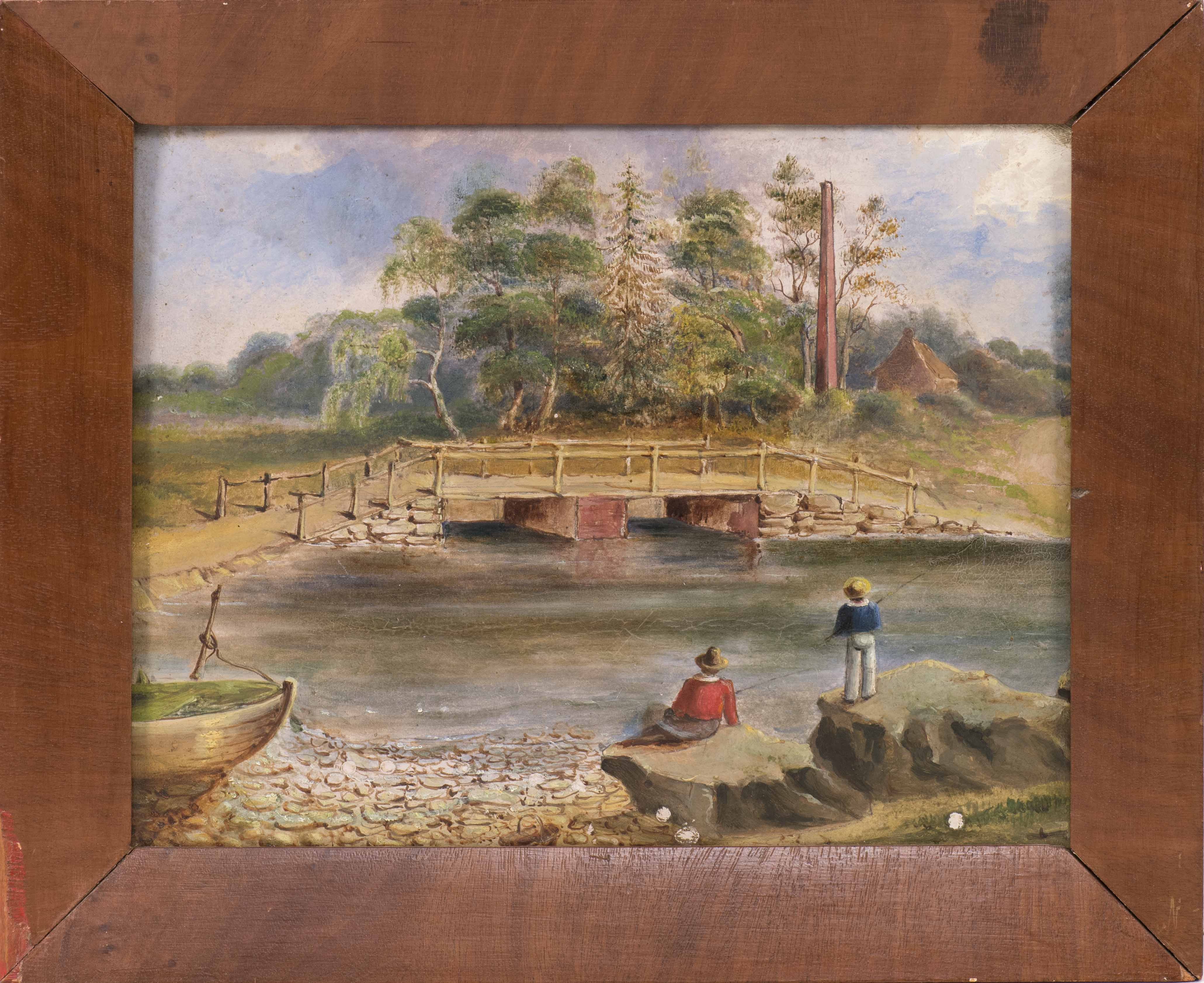 Appraisal: AMERICAN SCHOOL th CenturyFigures by a country bridge Unsigned Oil