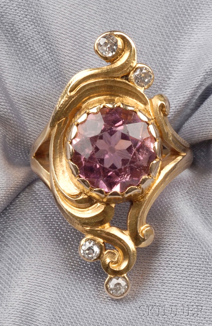 Appraisal: Art Nouveau kt Gold Pink Tourmaline and Diamond Ring bezel-set