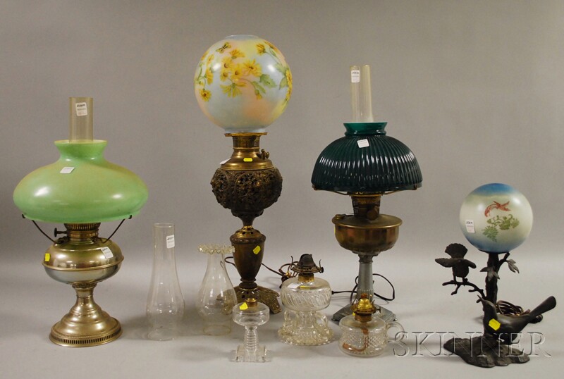 Appraisal: Six Assorted Oil and Kerosene Table Lamps and a Patinated