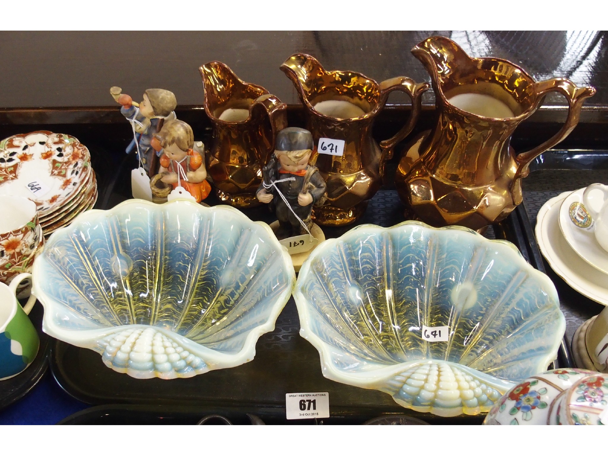 Appraisal: Tray comprising pair of pressed glass shell-form dishes Hummel figures