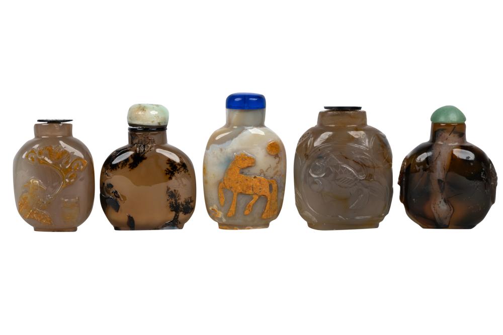 Appraisal: FIVE AGATE CARVED SNUFF BOTTLESProvenance The Estate of Dr Leon