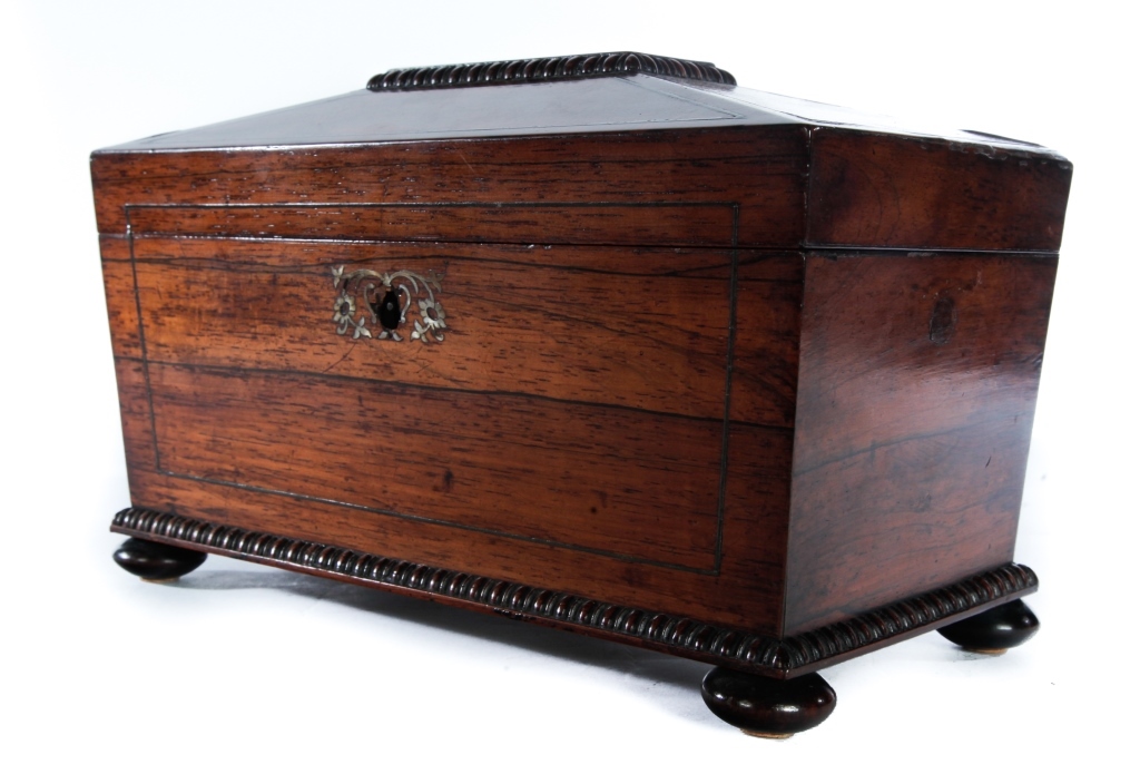 Appraisal: INLAID SARCOPHAGUS SHAPED TEA CADDY England mid th century Rosewood