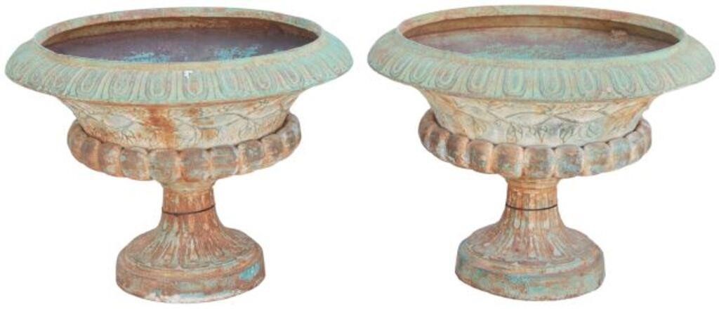 Appraisal: pair Large verdigris patinated cast iron garden urn planters egg-and-dart